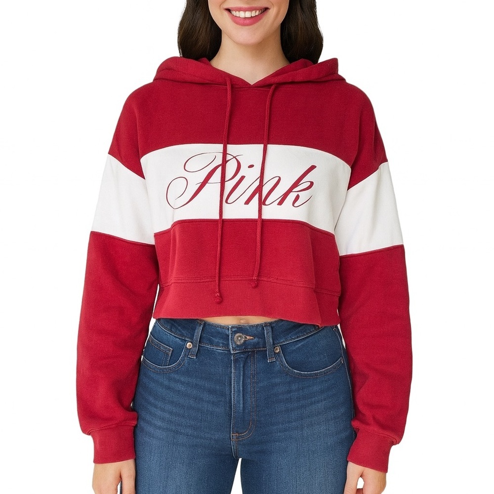 PINK Victoria's Secret Red and White Cropped Sweatshirt